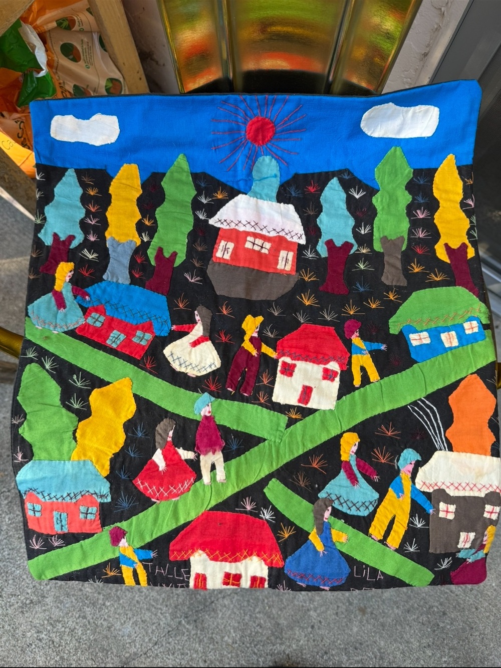 Handmade Peruvian Folk Art Appliqué Wall Hanging - Colorful Village Scene